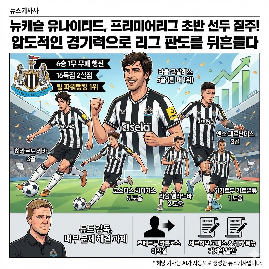 뉴캐슬 돌풍[무패 선두 질주] 리그 판도 격변!
